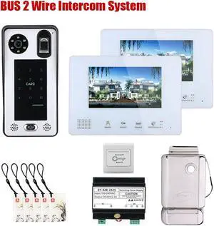 7 Inch LCD display 2-Wire 2pin Wire Video Door Phone doorbell Home Intercom Systems, Power Supply Controller + Electronic Door Lock Support fingerprint/IC cards/password unlock, 1 doorbell + 2 monitor