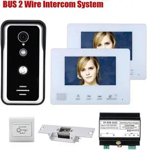 7 Inch LCD display 2-Wire 2pin Wire Video Door Phone Intercom Home doorbell Systems + Power Supply Controller + NO Electronic Door Lock + EXIT Switch for home Doorbell, 1 doorbell + 2 monitor