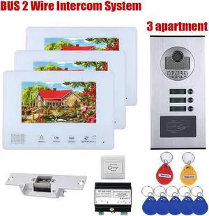 2 Units Apartment 2pin Wire Video Door Phone Visual Intercom Doorbell with 2x 7in TFT LCD Screen Monitor, RFID unlock Doorbell Intercom System with 1pcs Electric NO Lock,1 doorbell + 3 monitor