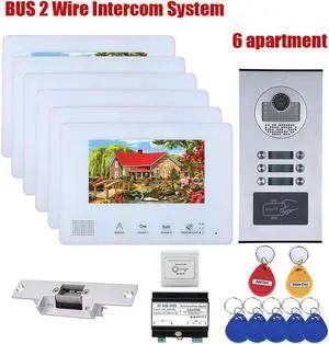 2 Units Apartment 2pin Wire Video Door Phone Visual Intercom Doorbell with 2x 7in TFT LCD Screen Monitor, RFID unlock Doorbell Intercom System with 1pcs Electric NO Lock,1 doorbell + 6 monitor