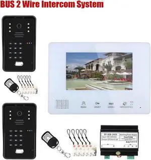 2pin Wire Video Door Phone Visual Intercom Doorbell + 7in TFT LCD Screen Monitor + Power Supply Controller, IC Card / Password / remote control unlock intercom doorbell system, 2 Doorbell + 1 Monitor
