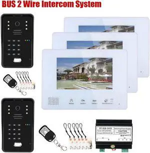 2pin Wire Video Door Phone Visual Intercom Doorbell + 7in TFT LCD Screen Monitor + Power Supply Controller, IC Card / Password / remote control unlock intercom doorbell system, 2 doorbell + 3 monitor