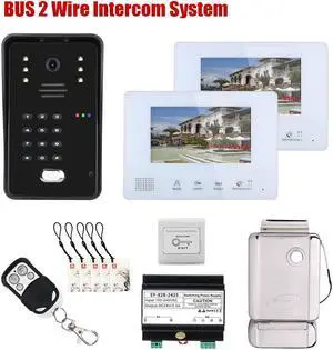 2pin Wire Video Door Phone Visual Intercom Doorbell + 7in TFT LCD Screen Monitor + Electric Control Lock, IC Card / Password / remote control unlock intercom doorbell system, 1 doorbell + 2 monitor