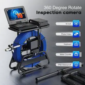 10" Screen 360° Rotate Dual Lens Sewer Drain Pipe Pipeline Endoscope 2MP Camera, Video Recording / Meter Counter / 5X Zoom /Keyboard Borescope Plumbing Camera for Plumber,Cable Length 50m/164ft