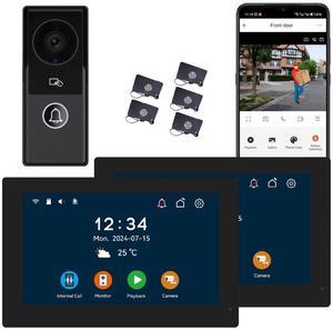 visiPower 2pin-Wired 2MP HD Indoor 7" WiFi Monitor Smart Home Video Doorbell Intercom System, Remote Unlock Video Record Motion Detect 2-Way Talk IR Camera Door Bell 1x doorbell + 2x 7in Monitor Black