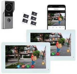 visiPower 2pin-Wired 2MP HD Indoor 7" WiFi Monitor Smart Home Video Doorbell Intercom System, Remote Unlock Video Record Motion Detect 2-Way Talk IR Camera Door Bell 1x doorbell + 2x 7" Monitor White