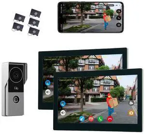 visiPower 2pin-Wired 2MP HD Indoor 10" WiFi Monitor Smart Home Doorbell Intercom System, Remote Unlock Video Record Motion Detect 2-Way Talk IR Camera Door Bell 1x doorbell Silver+ 2x 10" Screen Black