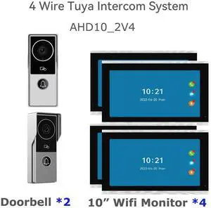 visiPower 10" Screen 2MP HD Wired WiFi Video Doorbell Intercom System, Remote Phone Tuya APP Control, Phone unlock Video Recording 2-Way Audio Motion Detection IR Camera, 2 doorbell + 4 monitor
