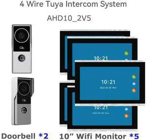 visiPower 10" Screen 2MP HD Wired WiFi Video Doorbell Intercom System, Remote Phone Tuya APP Control Phone unlock Video Recording 2-Way Audio Motion Detection IR Camera, 2 doorbell + 5 monitor