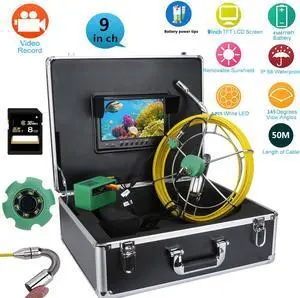 50M IP68 Waterproof Drain Pipe Sewer Inspection Camera System 9"LCD DVR 1000TVL Camera with 6W LED Lights 8GB TF Card