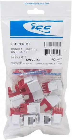 ICC CAT6 RJ45 Keystone Jack for HD Style, White, 10-Pack