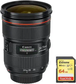 Canon (5175B002) EF 24-70mm f/2.8L II USM Lens with 64GB Extreme SD Memory UHS-I Card w/ 90/60MB/s Read/Write