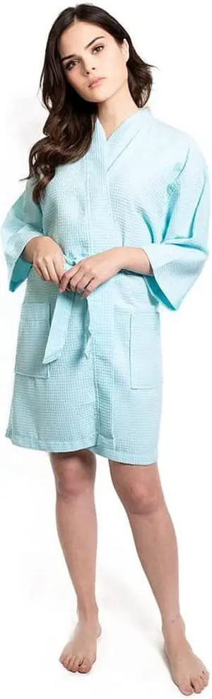 Short Women's Waffle Kimono Caribbean Blue Bathrobe (One Size)