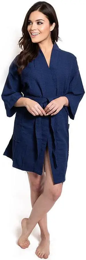Women's Short Waffle Kimono Indigo Blue Bathrobe (One Size)