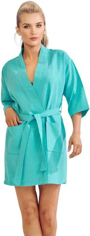 Women's Short Waffle Kimono Turquoise Bathrobe (One Size)
