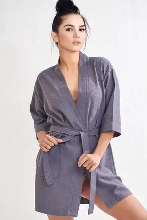Women's Short Waffle Kimono Gray Bathrobe (One Size)