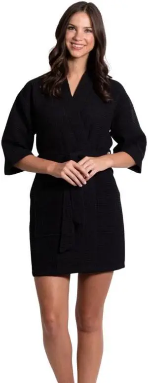 Women's Short Waffle Kimono Black Bathrobe (One Size)