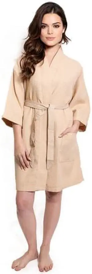 Women's Short Waffle Kimono Taupe Bathrobe (One Size)