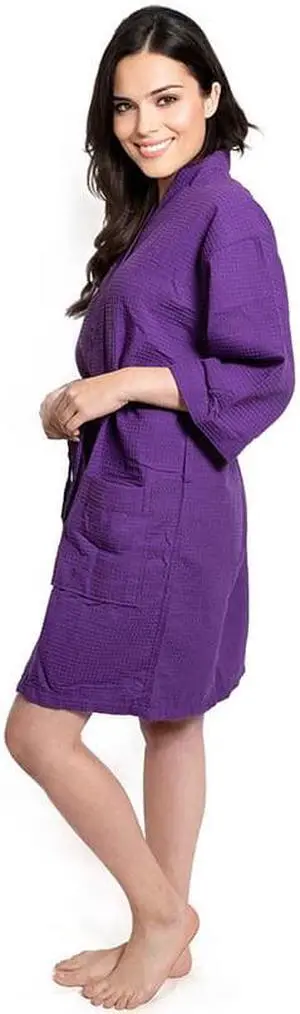 Women's Short Waffle Kimono Eggplant Purple Bathrobe (One Size)
