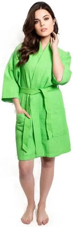 Women's Short Waffle Kimono Lime Green Bathrobe (One Size)