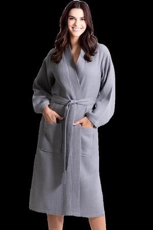 Women's Waffle Gray Bathrobe - 100% Cotton (One Size)
