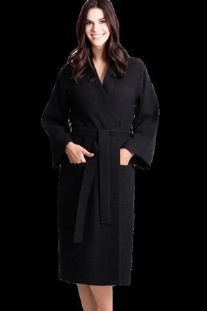 Women's Waffle Black Bathrobe - 100% Cotton (One Size)