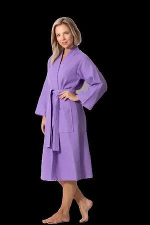 Women's Waffle Purple Long Premium CottonBlend Bathrobe (Medium)