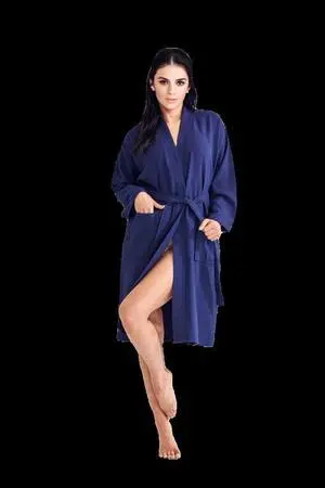 Women's Waffle Navy Long Premium CottonBlend Bathrobe (Small)