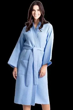 Women's Waffle Blue Long Premium CottonBlend Bathrobe (Medium)