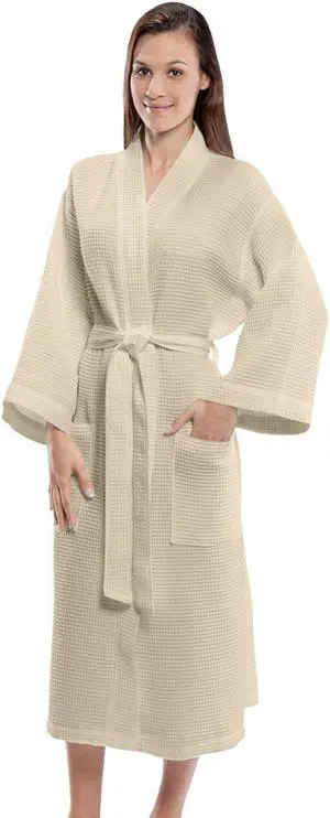 Mid Calf Length Waffle Weave Kimono Easy Fit Robe-Beige