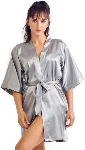 Satin Kimono Silver Short Robe for Women (Small/ Medium)