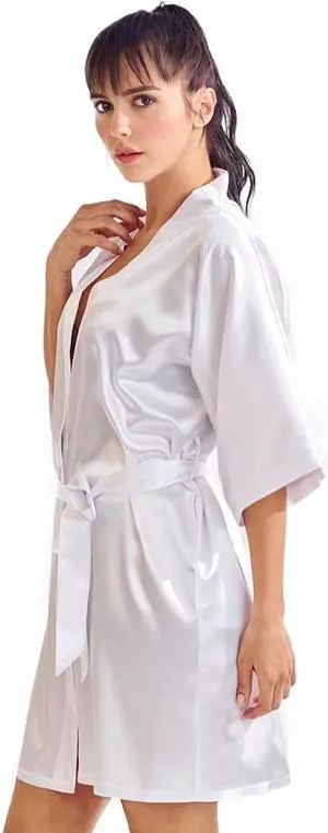 Satin Kimono White Short Robe for Women (Small/ Medium)