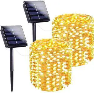 Elegani 2-Pack Solar Powered Fairy Lights 100 LED Each  32ft Warm White Copper Wire Outdoor Waterproof String Lights with Ground Stakes