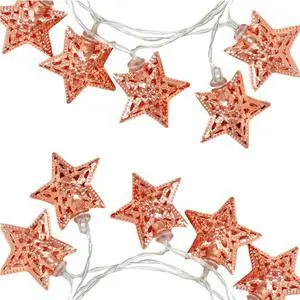 Elegani 10 LED Rose Gold Star String Lights  Warm White Metal Star Fairy Lights  3ft Lighted Cord