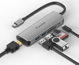 Wavlink USB C Hub, 6-Port USB 3.0 Hub Powered 65W Charging, Mini USB C Hub 3.0 for Laptop with 10.5cm Cable, 2xUSB 3.0, 1xUSB C, 1xHDMI, 1xSD/TF Card Reader, for Mac, Windows, Android, Linux
