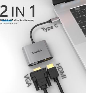 Wavlink USB-C/Type-C to HDMI VGA Alumium Adapter, Thunderbolt 3 Compatible, Type C to Dual VGA HDMI Splitter Converter, Plug & Play for Mac OS, iPad OS, Windows, Android, and Linux systems.