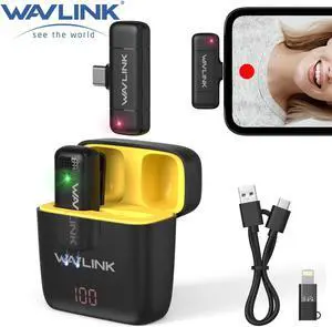WAVLINK Wireless Lavalier Microphone for iPhone Android Vlog, Clip on Lapel Mic System & Lightning & USB-C Inputs & Battery Case for YouTube Facebook Live, Video Recording(1*TX+1*RX)