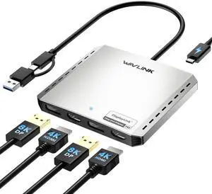 WAVLINK USB C to HDMI & DP Adapter Quad 4K/Dual DP 8K Universal Display Adapter, 2 HDMI & 2 DP, with PD 85W for Laptop, DP Port Supports 120Hz high-Refresh for Intel/M1/M2/M3/M4 Mac&Windows(DL-7400)