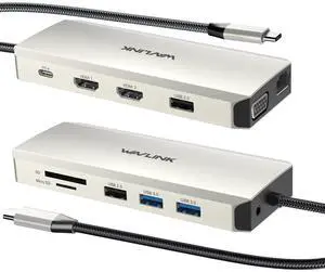 WAVLINK USB C Docking Station Dual Monitor for Dell HP Surface Lenovo MacBook Laptop, Triple Display USB-C Hub Multiport Adapter With 2 HDMI, VGA, Ethernet,100W PD, 5 USB, SD/TF Card Reader,Audio