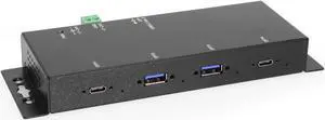 Coolgear 4 Port USB 3.2 Gen 2 Type-C Hub w/ ESD Surge Protection, 10Gbps Speed, LED Indicators, Wide Range Power Input, Screw Lock Compatible for Secure Connections