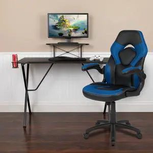 Flash Furniture Black Computer Gaming Desk and Blue, Black Racing Chair Set with Cup Holder, Headphone Hook, Monitor and Smartphone Stand