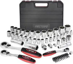 FIRSTINFO Low Profile Go-Through Socket Wrench 52 Pcs Set, 1/4" 3/8" 1/2" Wrench, Spline Sockets For Damaged Fasteners