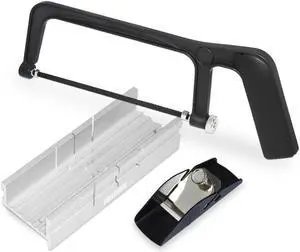 FIRSTINFO Mini Hacksaw Hand Saw and Aluminum Miter / Thin Slot Small Miter Box Slot Angles 45, 90, 135 Degree with Trimming Planer Kit