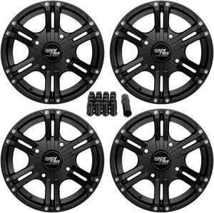 RockTrix RT101 14in ATV Wheels Rims 14x7 Black 4x137, 5+2 Offset, includes 10x1.25 Spline Lug nuts, Compatible with Bombardier Can-Am Maverick Commander Renegade Outlander 4/137 (Set of 4)
