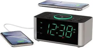 Emerson Alarm Clock Radio and QI Wireless Phone Charger with Bluetooth, Compatible with iPhone XS Max/XR/XS/X/8/Plus, 10W Galaxy S10/Plus/S10E/S9, All Qi Compatible Phones, ER100202