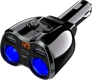 USB C Car Charger 2 Sockets Cigarette Lighter Splitter 12/24V 80W Dual USB Type-C Ports Separate Switch LED Voltage Display Built-in Replaceable 10A Fuse Compatible Mobile Phone GPS Dash Cam