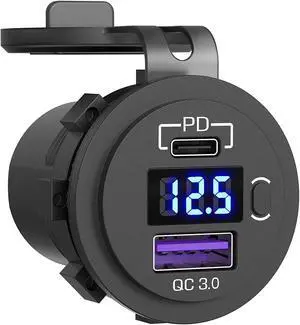 USB C Car Charger Socket, Qidoe 12V/24V Dual USB Outlet PD3.0 & QC3.0 Car USB Port with LED Voltmeter and ON/Off Switch DIY Car Socket for Car Boat Marine Bus Truck Golf RV Motorcycle