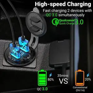 12V USB Outlet 2 Pack, Dual Quick Charge 3.0 12V Socket USB Charger with LED Voltmeter and Power Switch, Waterproof Aluminum Car Charger Adapter for RV Marine Motorcycle Truck Golf Cart RV etc.