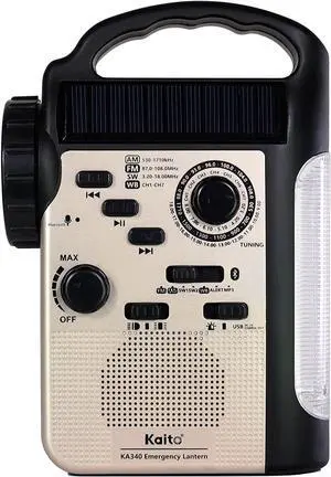 KA340 Solar Dynamo Hand Crank Rechargeable LED Camping Lantern for Emergency AM/FM/SW NOAA Weather Alert Solar Radio with Bluetooth, Flashlight, Phone Charger, MP3 Player & Siren (Gold) KA340 Solar Dynamo Hand Crank Rechargeable LED Camping Lantern for Emergency AM/FM/SW NOAA Weather Alert Solar Radio with Bluetooth, Flashlight, Phone Charger, MP3 Player & Siren (Gold)