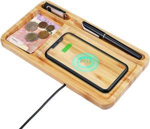 15W Wood Phone Wireless Charging Station with Desk Organizer Pad, Bamboo Qi Charger Docking Tray Key Pen Holder Wooden Dock Station for iPhone Android Samsung for Nightstand Home Office Gift KingTSYU